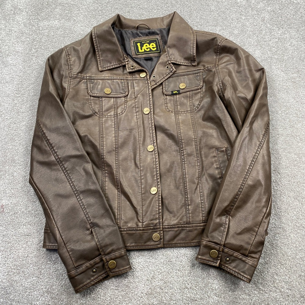 Lee Trucker Jacket Women Large Brown Faux Leather Button Front Moto Classic